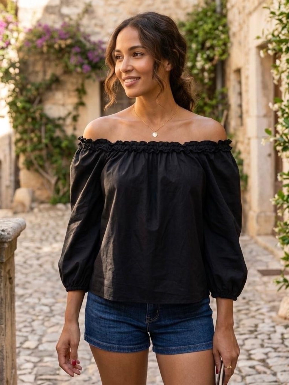 J.Crew Ruffle Neck Blouse Womens Black Puff Sleeve Cotton Top Romantic Size L